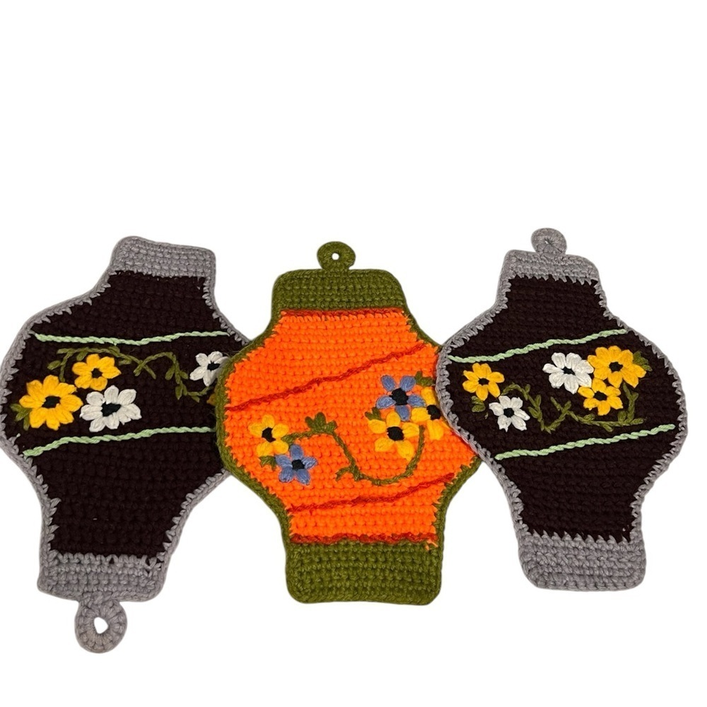 Handmade Crocheted Pot Holders - 3 (2 brown and gray, 1 orange and green)